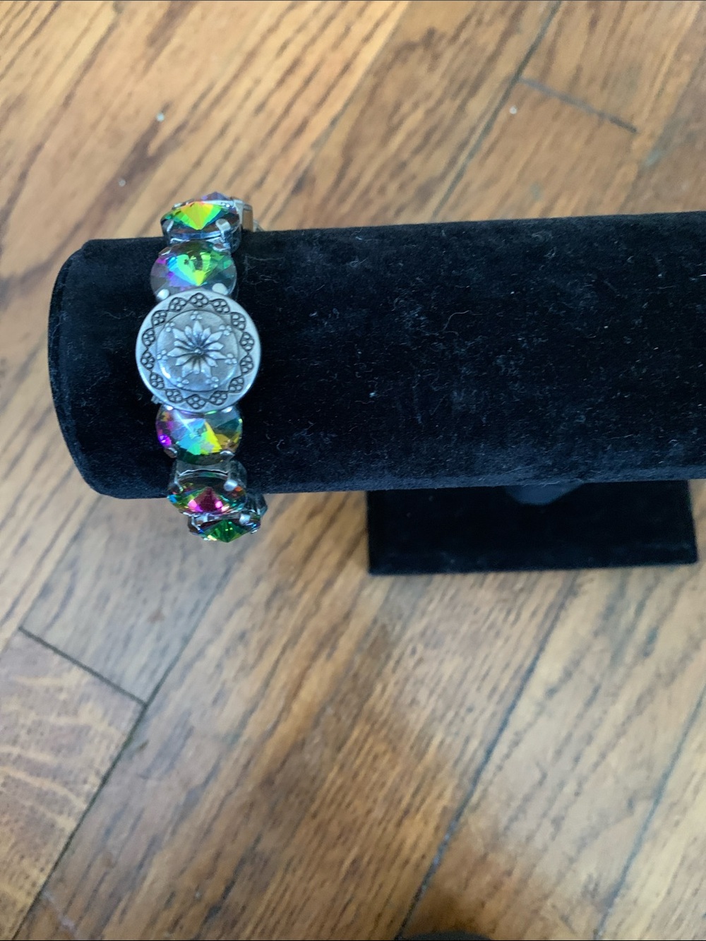 Multicolor Crystal Stretch Bracelet with Floral Button Accent